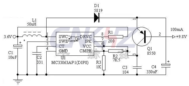 使用MC34063制作3.6V轉(zhuǎn)9V電路